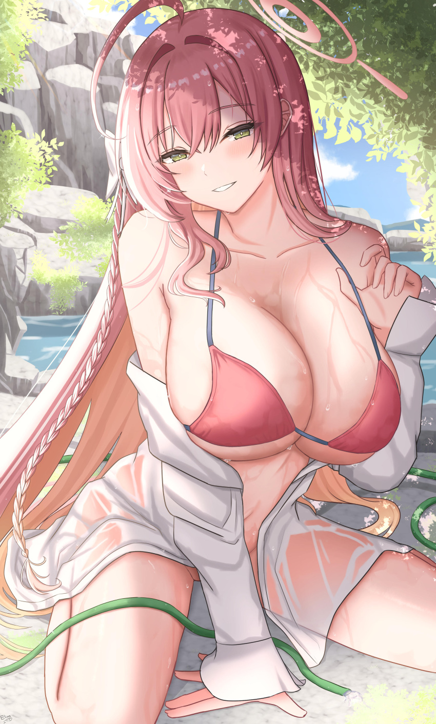1girl absurdres ahoge bikini bikini_top_only blue_archive bottomless breasts collarbone day elina_(eri15) green_eyes grin halo hanako_(blue_archive) hanako_(swimsuit)_(blue_archive) highres hose large_breasts long_hair looking_at_viewer off_shoulder outdoors pink_hair rock shirt sitting smile solo swimsuit very_long_hair wariza water wet wet_clothes wet_shirt white_shirt