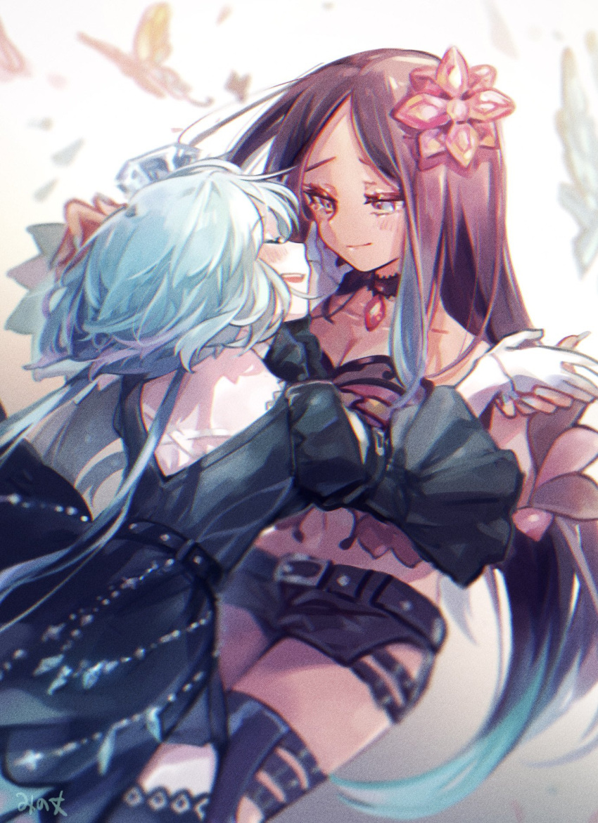 2girls aoki_lapis artist_name black_dress blue_hair blurry blurry_background brown_eyes brown_hair bug butterfly closed_eyes collarbone commentary crop_top dark_skin dress facing_another flower gem_hair_ornament gradient_hair hair_flower hair_ornament hand_on_another's_head highres holding_hands leaning_forward leaning_on_person long_hair looking_at_another merli_(vocaloid) mi_no_take multicolored_hair multiple_girls open_mouth pendant_choker short_hair short_shorts shorts siblings sisters smile very_long_hair vocaloid