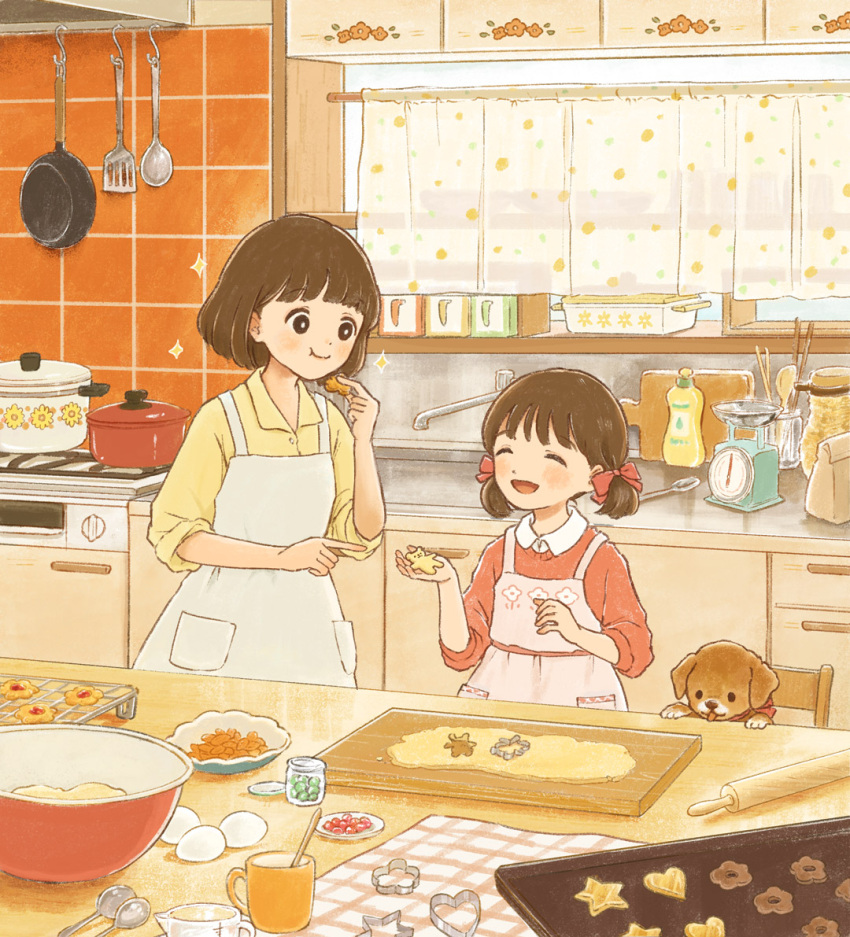 2girls :d :t ^_^ animal-themed_food apron bag baking baking_sheet black_eyes blush bottle bow bowl bright_pupils brown_hair cabinet chair choppy_bangs closed_eyes closed_mouth collared_shirt commentary_request cookie cookie_cutter cooking_pot counter cup curtains cut_bangs cutting_board dog dough eating egg faucet flower_(symbol) food frying_pan gingham hair_bow heart holding holding_food indoors jar kitchen kitchen_scale long_sleeves looking_at_another low_twintails measuring_cup measuring_spoon mixing_bowl mug multiple_girls open_mouth original paper_bag peel_(tool) pink_apron pocket red_bow red_sweater rolling_pin shirt short_hair short_twintails sink sleeves_rolled_up smile sparkle spatula spoon star_(symbol) stove sweater tareme thumbprint_cookie tile_wall tiles tokoyu tray twintails utensil_rack weighing_scale white_apron white_pupils window wing_collar wooden_chair wooden_spoon yellow_shirt