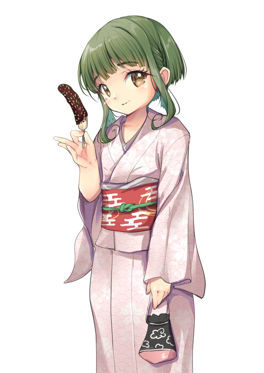 1girl absurdres alternate_costume bag bob_cut bokukawauso brown_eyes chocolate_banana green_hair highres japanese_clothes kantai_collection kimono looking_at_viewer mask mask_on_head pink_kimono satchel short_hair short_hair_with_long_locks sidelocks simple_background solo takanami_(kancolle) white_background yashin_(yasinz) yukata