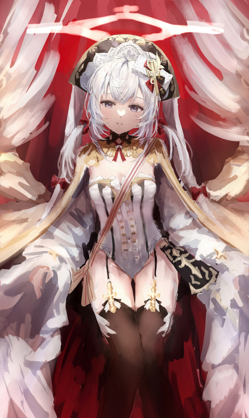 1girl absurdres azur_lane black_garter_straps breasts brown_thighhighs coat feet_out_of_frame flandre_(azur_lane) garter_straps grey_eyes highres leotard looking_at_viewer low_twintails ressec small_breasts solo thighhighs twintails white_coat white_hair white_leotard