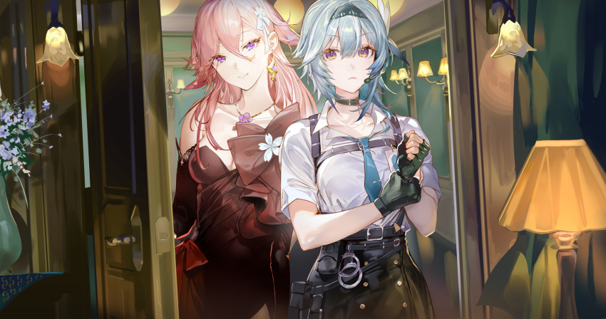2girls belt belt_collar belt_pouch black_belt black_gloves black_hairband black_skirt blue_hair bow breasts cleavage closed_mouth collar collarbone commentary detached_sleeves dress earrings eula_(genshin_impact) fingerless_gloves flower flower_necklace genshin_impact gloves hair_between_eyes hair_flower hair_ornament hairband handcuff_dangle headset highres holding_own_wrist indoors jewelry lamp large_bow leenim long_hair looking_at_mirror looking_at_viewer medium_hair mirror multiple_girls necktie parted_lips pencil_skirt pink_hair pouch purple_eyes short_necktie skirt strapless strapless_dress two-tone_eyes upper_body yae_miko yellow_eyes