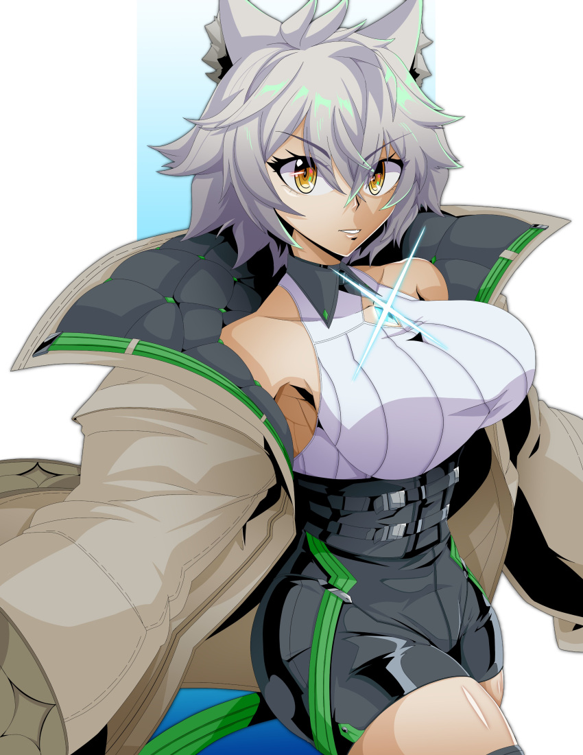 1girl absurdres andoryuanzuru animal_ears breasts cat_ears cat_girl chest_jewel clothing_cutout core_crystal_(xenoblade) crystal diamond_cutout fingerless_gloves gloves high-waist_shorts highres jacket large_breasts looking_at_viewer messy_hair na'el_(xenoblade) open_clothes open_jacket romper short_hair short_shorts shorts simple_background solo thighhighs thighs xenoblade_chronicles_(series) xenoblade_chronicles_3 xenoblade_chronicles_3:_future_redeemed yellow_eyes