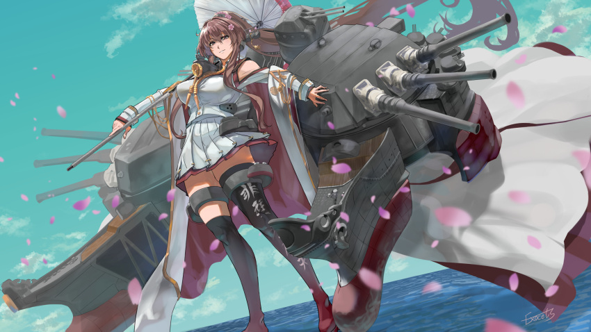 1girl black_footwear boots breasts brown_eyes brown_hair cannon cherry_blossoms clothes_writing clothing_cutout coat coat_on_shoulders day exocet flower gradient_footwear hair_flower hair_intakes hair_ornament headgear highres holding holding_umbrella kantai_collection knee_boots large_breasts long_coat long_hair multicolored_umbrella oil-paper_umbrella outdoors pleated_skirt red_footwear red_umbrella rigging sakuramon shoulder_cutout sidelocks single_knee_boot single_thigh_boot skirt sleeveless_coat solo standing standing_on_liquid thigh_boots thigh_strap turret two-tone_umbrella umbrella very_long_hair white_coat white_skirt white_umbrella yamato_(kancolle) yamato_kai_ni_(kancolle)