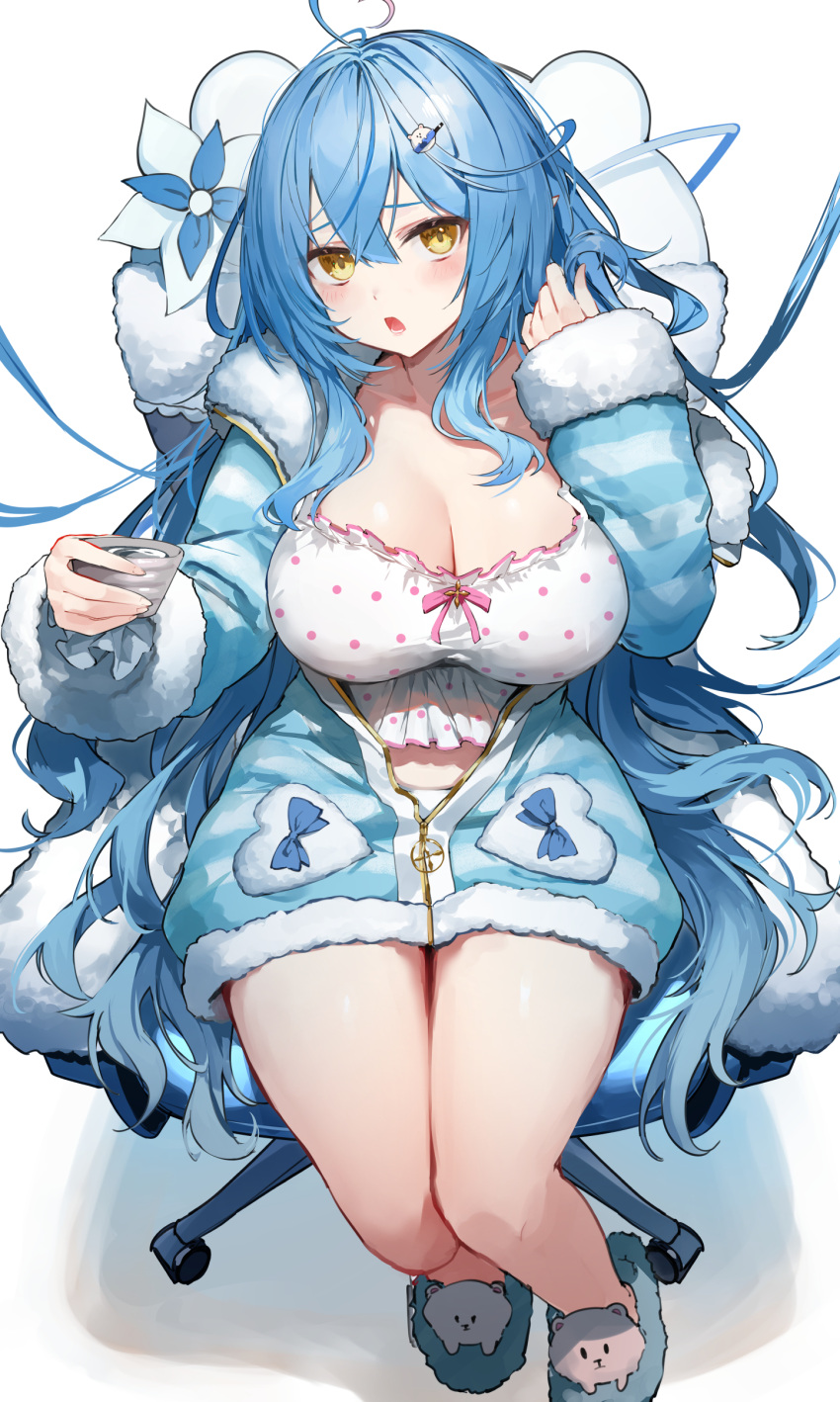 1girl absurdres ahoge amagasa_yun blue_coat blue_hair blush breasts cleavage coat colored_tips cup flower fur-trimmed_jacket fur_trim hair_flower hair_ornament hairclip heart heart_ahoge highres holding holding_cup hololive jacket large_breasts long_hair long_sleeves looking_at_viewer multicolored_hair open_clothes open_jacket partially_unzipped pillow pointy_ears polka_dot polka_dot_shirt sakazuki shirt simple_background sitting solo virtual_youtuber white_background yellow_eyes yukihana_lamy