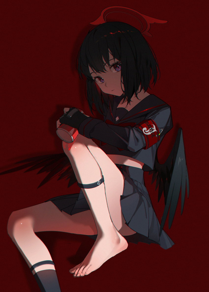 1girl absurdres armband black_hair black_serafuku blue_archive blush bow bowtie breasts cropped_shirt halo highres long_sleeves looking_at_viewer mashiro_(blue_archive) miniskirt nogi_lace pleated_skirt purple_eyes red_armband red_background red_bow red_bowtie school_uniform serafuku simple_background single_barefoot skindentation skirt small_breasts solo thigh_strap