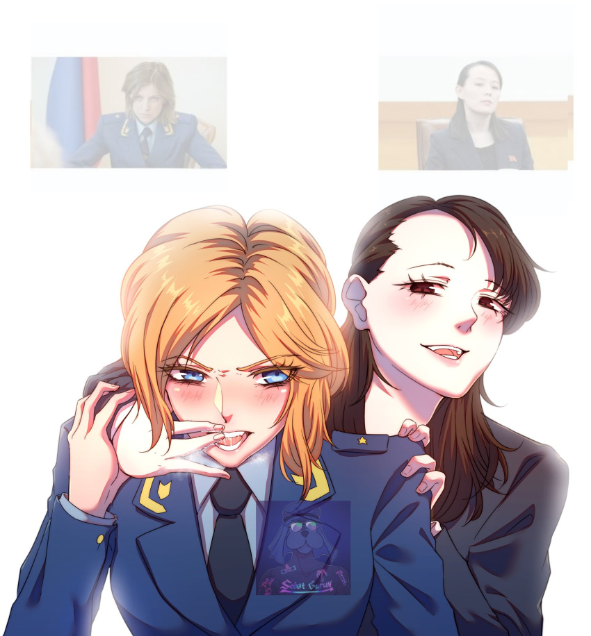 2girls animification black_hair blonde_hair blue_eyes blush english_commentary finger_in_another's_mouth hand_on_another's_shoulder highres kim_yo-jong long_hair multiple_girls natalia_poklonskaya necktie ontaba photo_inset real_life red_eyes simple_background smile suit teeth upper_body watermark white_background yuri