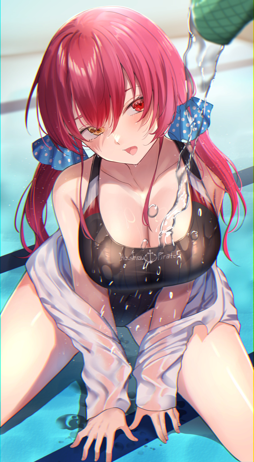 1girl absurdres bare_shoulders black_one-piece_swimsuit blue_scrunchie blush breasts cleavage collarbone competition_swimsuit hair_between_eyes hair_ornament hair_scrunchie heterochromia highleg highleg_swimsuit highres hololive houshou_marine kairi_(miry666) large_breasts long_hair looking_at_viewer off_shoulder one-piece_swimsuit open_mouth pov red_eyes red_hair scrunchie see-through see-through_shirt shirt solo swimsuit thighs virtual_youtuber white_shirt yellow_eyes