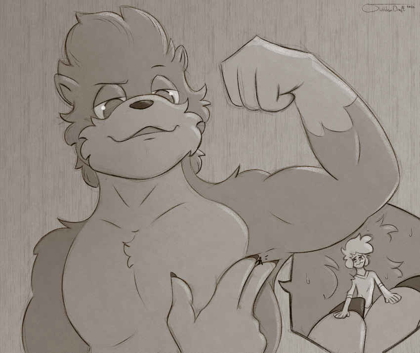 2022 anthro armpit_focus bicep_curl blush blush_lines bodily_fluids clothed_human digital_media_(artwork) duo hi_res human humanoid_hands larger_anthro macro male male/male mammal micro mustelid nude_anthro otter pecs pinned_to_armpit rudder_(gameb9oy) size_difference smaller_human suddendraft sweat sweaty_armpit
