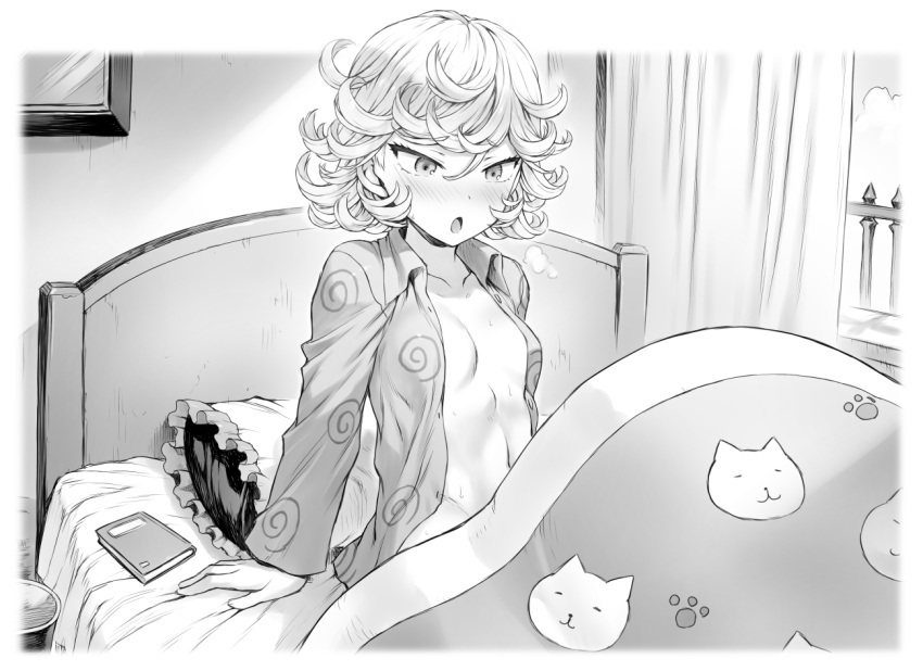 1girl :o bedroom blanket blush breasts collarbone curly_hair curtains mogudan navel nose_blush notebook on_bed one-punch_man pajamas pillow short_hair small_breasts solo tatsumaki window