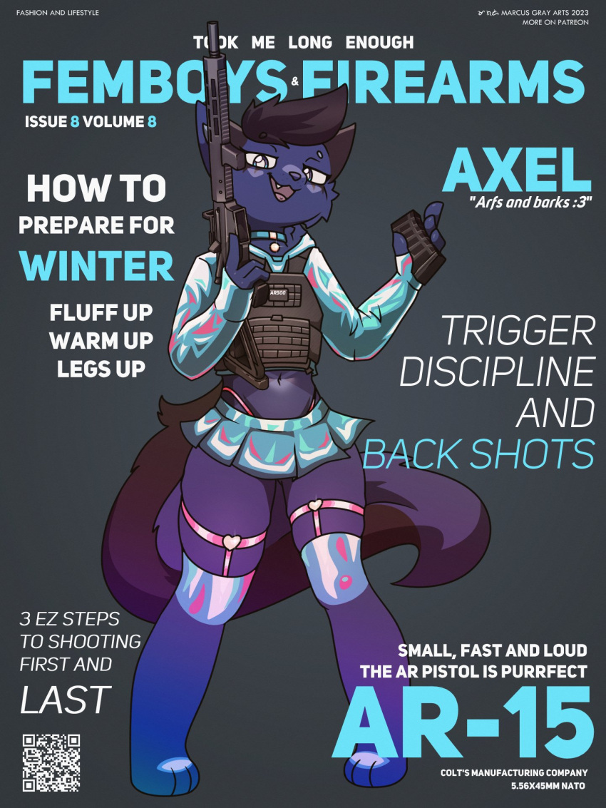 anthro assault_rifle bottomwear bulletproof_vest canid canine clothed clothing collar cover crop_top crossdressing english_text gun hi_res magazine_cover male mammal marcus_gray ranged_weapon rifle shirt skirt solo standing text topwear weapon