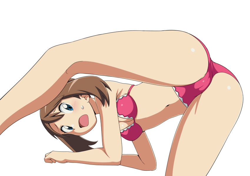 1girl ass bikini blue_eyes breasts brown_hair cameltoe cleavage from_behind highres may_(pokemon) medium_hair navel open_mouth pink_bikini pokemon simple_background small_breasts solo spread_legs stomach suitenan sweatdrop swimsuit white_background