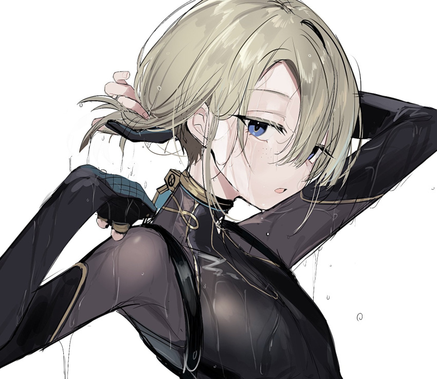 1boy androgynous black_bodysuit blonde_hair blue_eyes bodysuit colored_eyelashes eyelashes facing_to_the_side fingerless_gloves freminet_(genshin_impact) genshin_impact gloves grey_background highres looking_at_viewer male_focus open_mouth solo wet wet_clothes yoko_(nz_g)