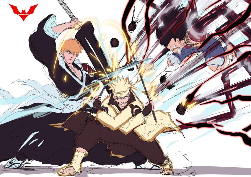 3boys animal_print bat_print batm_andrew black_hair bleach blonde_hair crossover facial_mark fighting highres kurosaki_ichigo male_focus monkey_d._luffy multiple_boys naruto_(series) naruto_shippuuden one_piece orange_hair short_hair shorts sketch smile spiked_hair uzumaki_naruto weapon whisker_markings