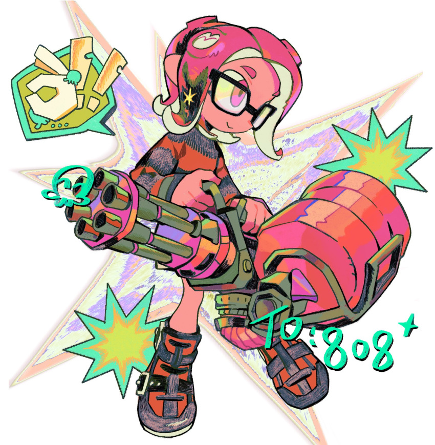 ! 1girl black-framed_eyewear character_request closed_mouth commentary full_body h_akka highres holding holding_weapon inkling long_sleeves ok_sign pink_eyes pink_hair simple_background smile solo splatoon_(series) spoken_exclamation_mark symbol-only_commentary tentacle_hair weapon weapon_request