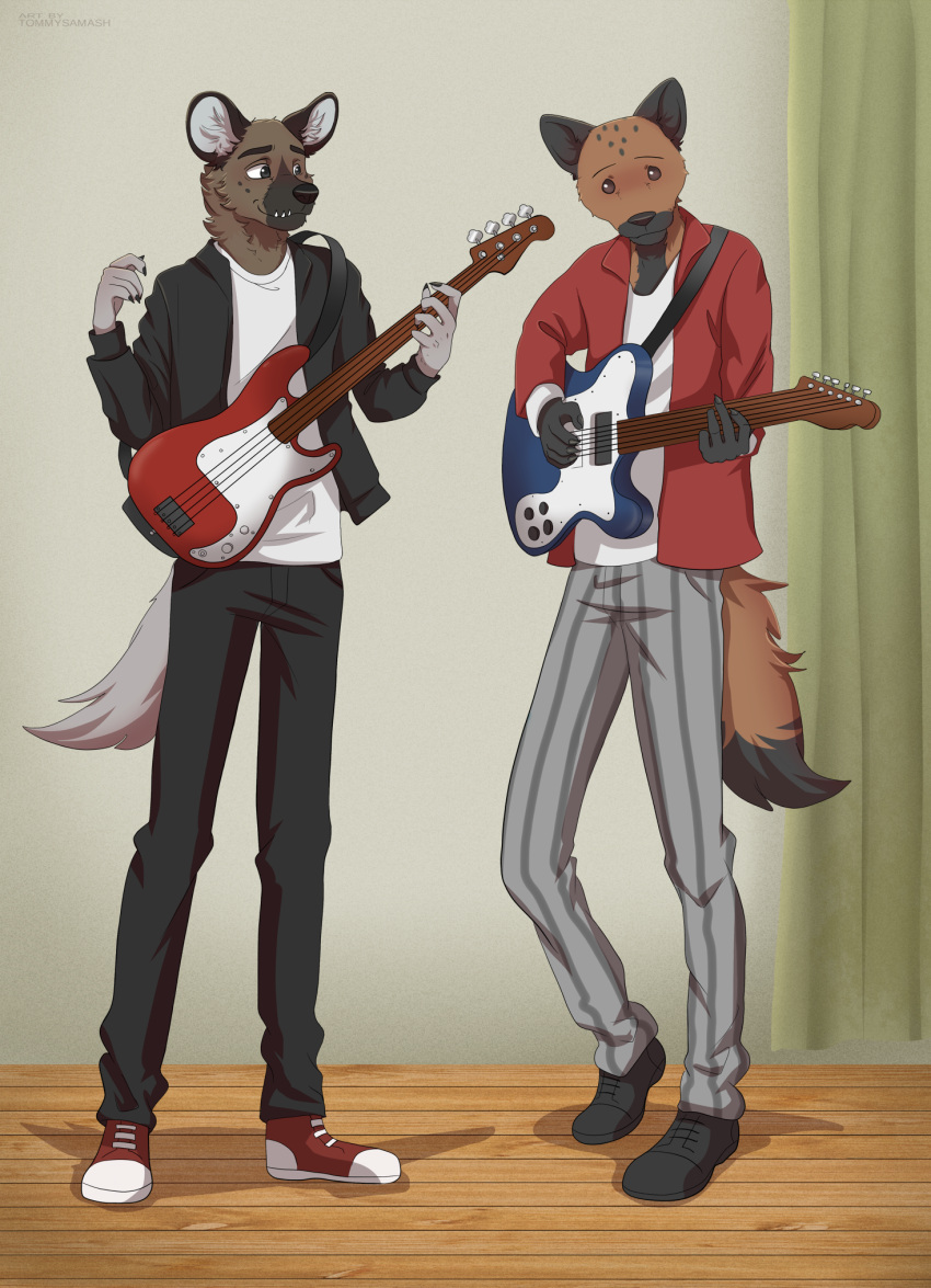 5_fingers aggressive_retsuko anthro bass_guitar beastars bottomwear brown_body brown_fur clothed clothing duo electric_guitar fingers fully_clothed fur guitar haida hi_res hyena jacket male mammal miguno_(beastars) musical_instrument open_clothing open_jacket open_topwear pants playing_guitar playing_music plucked_string_instrument sanrio shirt spotted_hyena string_instrument t-shirt tommysamash topwear