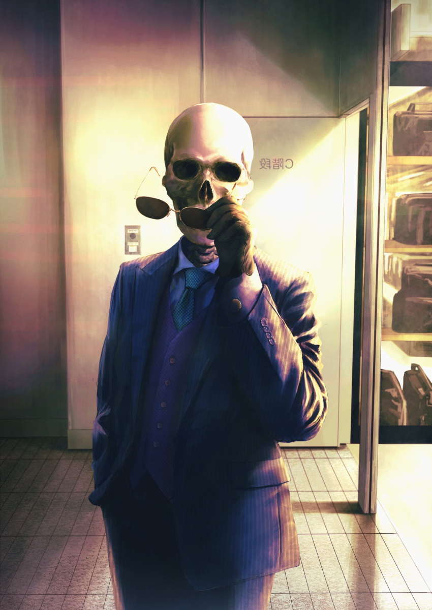 1other blue_jacket blue_necktie brown_gloves collared_shirt commentary cowboy_shot formal fracoco gloves hand_in_pocket highres indoors jacket long_sleeves looking_at_viewer necktie original removing_eyewear shirt skeleton suit sunglasses undead white_shirt