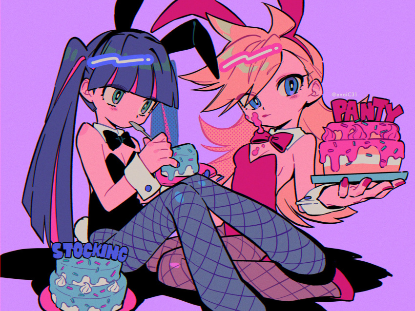 2girls animal_ear_headwear black_bow black_bowtie black_footwear black_leotard blonde_hair blue_eyes blue_nails blunt_bangs blush bow bowtie breasts cake cake_slice character_name detached_collar eating eyelashes fishnet_pantyhose fishnets food food_on_body food_on_breasts food_on_face fork highres holding holding_cake holding_food holding_fork icing kneeling leotard licking_lips long_hair menma_(enaic31) multiple_girls panty_&amp;_stocking_with_garterbelt panty_(psg) pantyhose playboy_bunny purple_background rabbit_tail red_bow red_bowtie red_footwear red_leotard red_nails siblings sisters sitting small_breasts stocking_(psg) tail tongue tongue_out twintails twitter_username wrist_cuffs