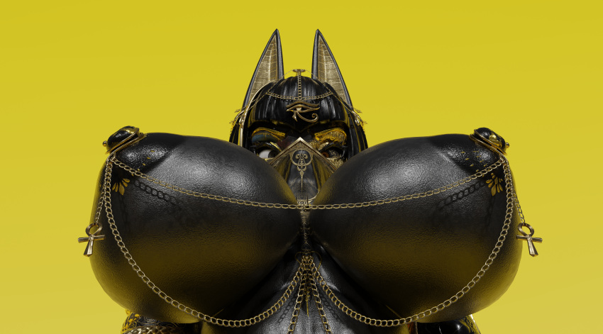 absurd_res ankh anthro anubian_jackal anubis_(bom39) areola areola_piercing big_breasts black_body black_hair breasts canid canine canis chain chain_jewelry egyptian eye_contact eye_of_horus female gold_(metal) gold_chain gold_markings hair heterochromia hi_res huge_breasts jackal looking_at_another looking_at_viewer looking_down mammal markings nipple_piercing nipples piercing simple_background solo under_boob unknown_artist