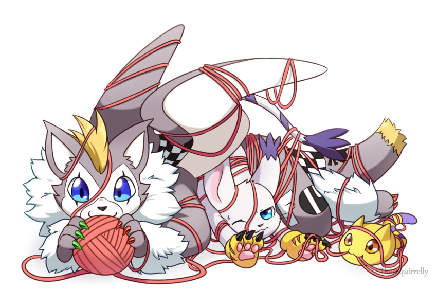 3others animal_ears artist_name blue_eyes cat cat_ears digimon digimon_(creature) gloves highres multiple_others no_humans nyaromon simple_background squirrel_(thatsquirrelly) tail tailmon tobucatmon watermark white_background winking_(animated) yarn yarn_ball