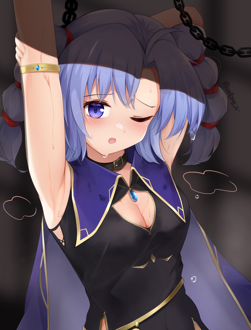 1girl ;o absurdres ahoge arm_up armlet armpits asymmetrical_bangs black_choker black_dress breasts cape chain choker cleavage commentary_request crossed_bangs crowned-tapioka curtained_hair dot_nose dress fire_emblem fire_emblem:_genealogy_of_the_holy_war gold_trim highres looking_at_viewer medium_breasts multi-tied_hair one_eye_closed purple_cape purple_eyes purple_hair short_hair solo sweat tine_(fire_emblem) twintails wet