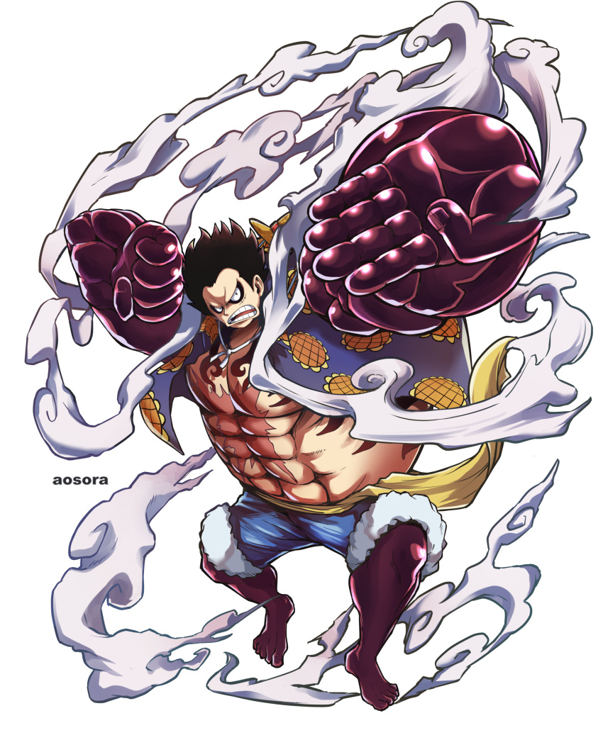 1boy alternate_form aosora2823 artist_name black_hair clenched_hand commentary floating_hair full_body gear_fourth gear_fourth:_boundman hat highres male_focus monkey_d._luffy one_piece open_mouth scar scar_on_cheek scar_on_chest scar_on_face short_hair simple_background solo straw_hat teeth topless_male unworn_hat unworn_headwear white_background