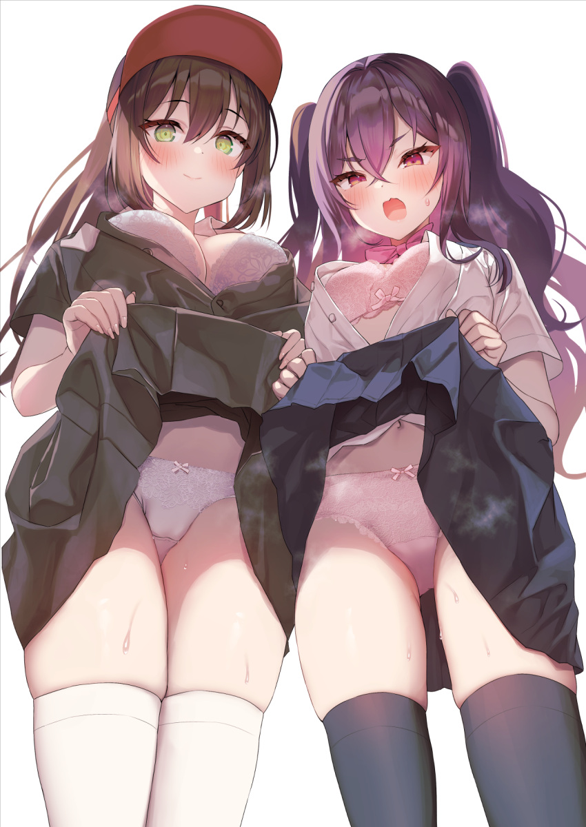 2girls baseball_cap black_shirt black_skirt black_thighhighs blue_skirt bow bowtie bra breasts brown_hair closed_mouth clothes_lift crossed_bangs crotch_seam dot_nose dress embarrassed from_below green_eyes hair_between_eyes hat highres large_breasts lifted_by_self long_hair looking_at_viewer medium_breasts mintoaisu multiple_girls navel open_mouth original panties partially_unbuttoned pink_bow pink_bowtie pink_bra pink_eyes pink_panties pleated_skirt purple_hair school_uniform shirt short_sleeves simple_background skirt skirt_lift smile standing steaming_body sweatdrop thighhighs twintails underwear v-shaped_eyebrows wavy_mouth white_background white_bra white_panties white_shirt white_thighhighs