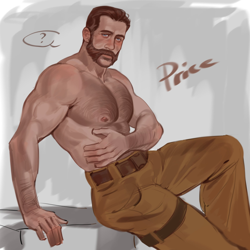 1boy abs absurdres arm_hair bara blush brown_hair call_of_duty:_modern_warfare_2 captain_price chest_hair facial_hair hair_slicked_back hairy highres large_pectorals leg_belt long_sideburns looking_at_viewer male_focus mature_male muscular muscular_male mustache mutton_chops nipples pectorals sasha_shkret short_hair sideburns solo thick_eyebrows topless_male unfinished