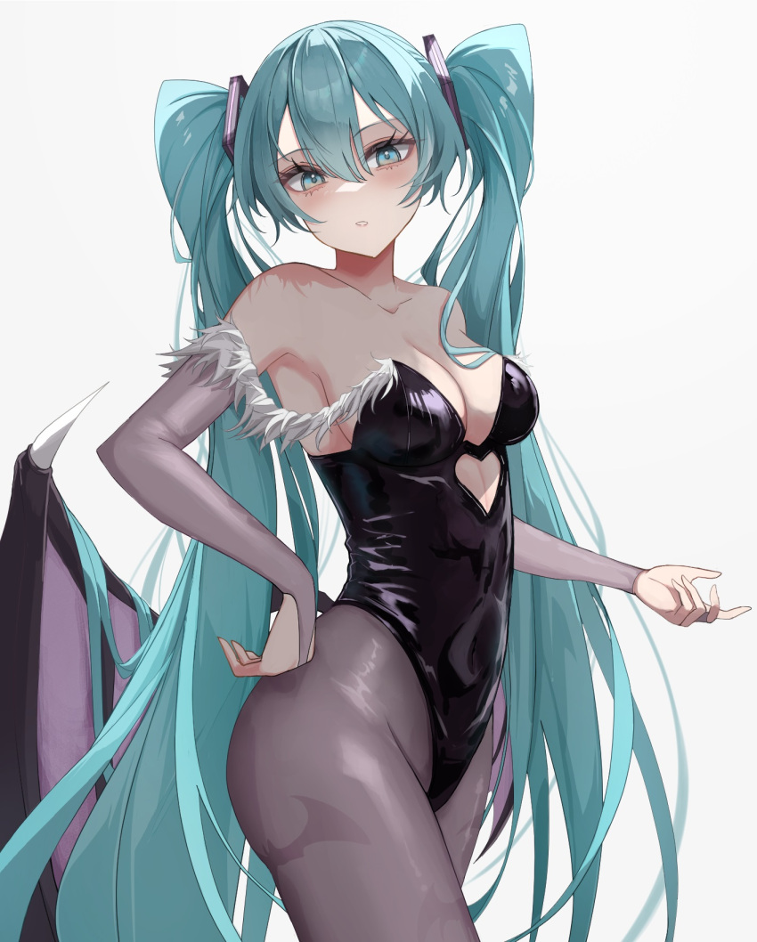 1girl bare_shoulders black_leotard black_pantyhose blue_eyes blue_hair blush breasts bridal_gauntlets cleavage clothing_cutout collarbone commission cosplay cowboy_shot elbow_gloves gloves grey_gloves hair_between_eyes hair_ornament hand_on_own_hip hatsune_miku head_tilt highleg highleg_leotard highres kawasuru_(15miclon) leotard long_hair looking_at_viewer medium_breasts morrigan_aensland morrigan_aensland_(cosplay) open_hand pantyhose parted_lips pixiv_commission raised_eyebrows sidelocks simple_background solo stomach_cutout strapless strapless_leotard teeth twintails upper_body vampire_(game) very_long_hair vocaloid white_background