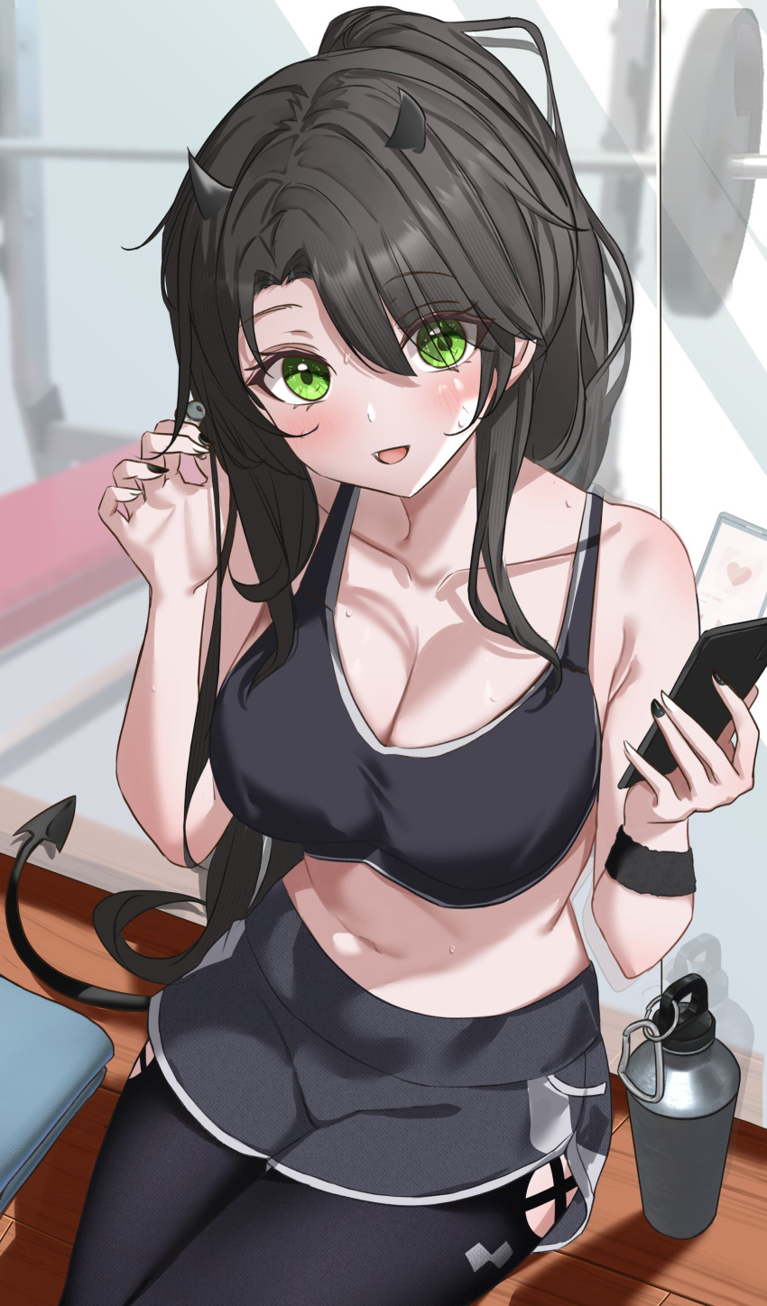 1girl absurdres armpit_crease bare_shoulders black_hair black_pantyhose black_shirt black_shorts black_sports_bra breasts cleavage collarbone commission crop_top demon_horns demon_tail dolphin_shorts earphones eyes_visible_through_hair green_eyes hand_up highres holding holding_phone horns large_breasts long_hair looking_at_viewer midriff nail_polish navel open_mouth original pantyhose phone ponytail shirt short_shorts shorts sitting sleeveless sleeveless_shirt smile solo sports_bra stomach sweat sweatband tail tumbler vayneeeee