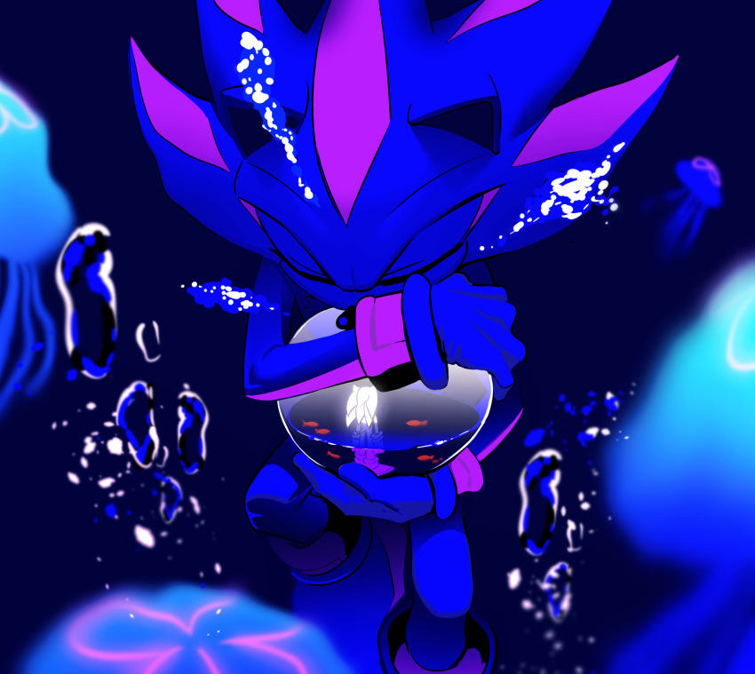 2boys absurdres air_bubble animal_ears animal_nose blue_theme bubble closed_eyes commentary fish furry furry_male gloves highres holding holding_orb hyeon_sonic in_container jellyfish male_focus mini_person miniboy multiple_boys orb partially_submerged shadow_the_hedgehog shoes sonic_(series) sonic_the_hedgehog symbol-only_commentary underwater