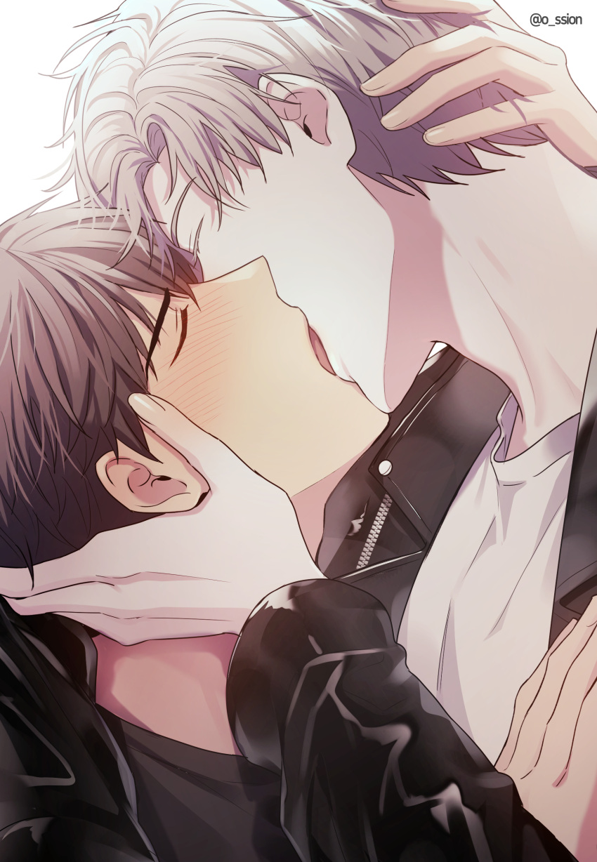 2boys absurdres black_jacket black_shirt blush brown_hair closed_eyes french_kiss hands_on_another's_face highres ilay_riegrow jacket jeong_taeui kiss male_focus multiple_boys o_ssion open_clothes passion_(manhwa) shirt simple_background white_background white_hair white_shirt yaoi