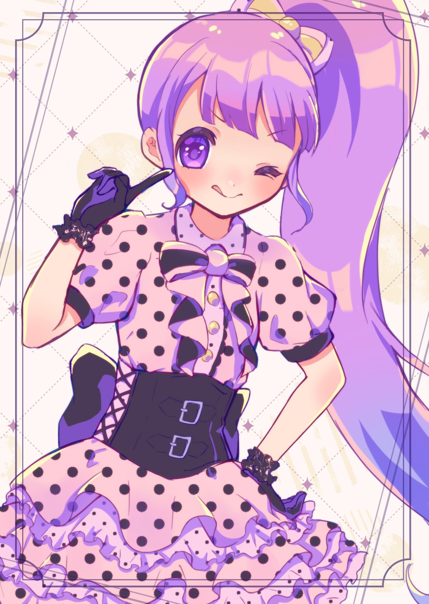 1girl black_gloves blunt_bangs bow closed_mouth collared_dress commentary_request corset dress finger_to_cheek frilled_dress frills gloves hair_bow hand_on_own_hip hand_up highres index_finger_raised light_purple_hair long_hair looking_at_viewer manaka_non mitsui_(mmdwn_0520) one_eye_closed pink_dress polka_dot polka_dot_dress pretty_(series) pripara puffy_short_sleeves puffy_sleeves purple_eyes short_sleeves side_ponytail smile solo tongue tongue_out very_long_hair yellow_bow