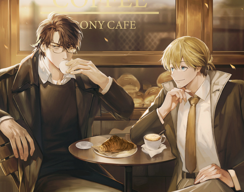 2boys absurdres belt black_coat black_sweater blonde_hair blue_eyes boony2789 bread brown_hair cafe chair coat croissant cup drinking elbow_on_table facial_hair food glasses hand_on_own_knee highres hot_chocolate light_smile long_hair male_focus multiple_boys necktie original shirt short_hair sitting stubble sweater table teacup white_shirt