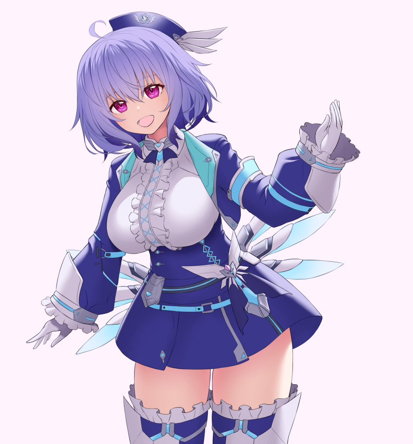 1girl ahoge asamura_hiori beret breasts center_frills cowboy_shot cropped_jacket frilled_sleeves frills gloves hat high-waist_skirt highres idola_phantasy_star_saga jacket large_breasts looking_at_viewer open_mouth phantasy_star phantasy_star_online_2 phantasy_star_online_2_new_genesis pink_eyes popona purple_hair short_hair skirt smile solo thighhighs thighs virtual_youtuber white_gloves zettai_ryouiki