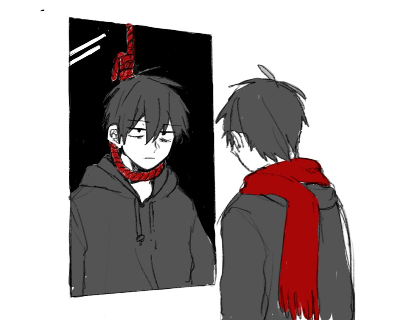 1boy bags_under_eyes commentary_request different_reflection double-parted_bangs drawstring empty_eyes fringe_trim from_behind greyscale hair_between_eyes hood hood_down hoodie jitome kagerou_project kisaragi_shintarou long_bangs looking_at_mirror male_focus mirror monochrome noose partial_commentary red_scarf reflection rope rope_around_neck sanpaku scarf short_hair simple_background sketch spot_color upper_body wastegoma