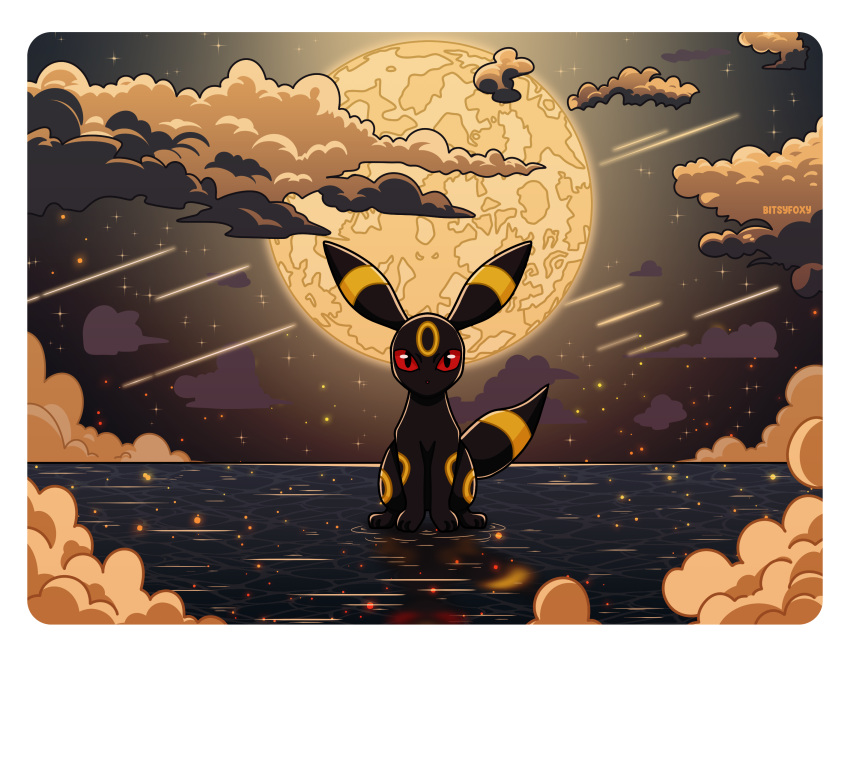 absurdres animal_focus bitsyfoxy cloud commentary falling_star full_moon highres looking_at_viewer moon night no_humans pokemon polaroid red_eyes red_nose ripples sitting sitting_on_water solo star_(sky) straight-on umbreon water