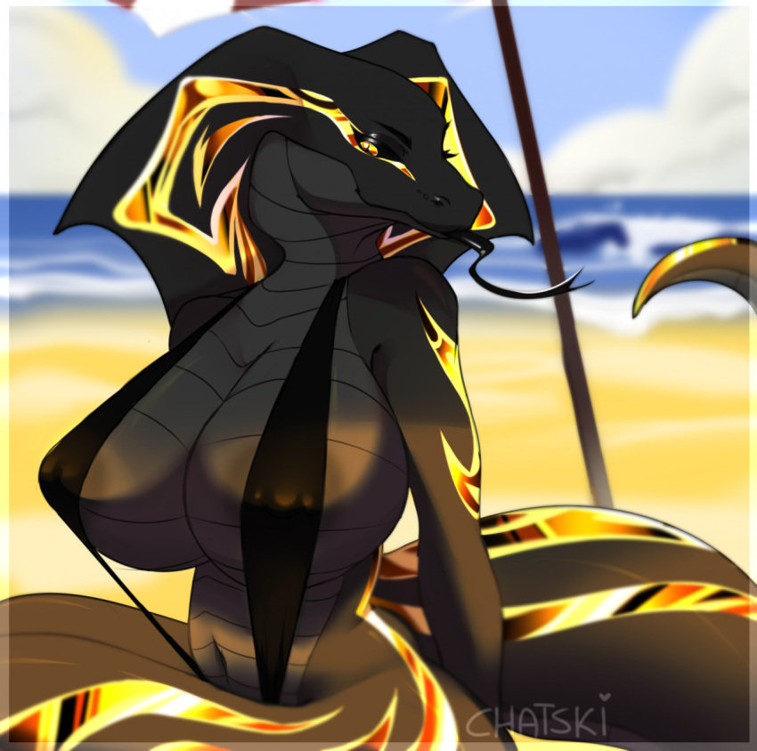 anthro areola beach beach_umbrella belly big_breasts black_body black_clothing black_scales black_swimwear black_tail breasts chatski clothing detailed_background erect_nipples female forked_tongue gold_(metal) gold_markings gold_sclera grey_body grey_scales hands_behind_back hi_res huge_breasts leg_markings living_tail looking_at_viewer markings navel nipple_outline nipple_piercing nipples nostrills piercing pupils reptile scale_markings scales scalie scaly_tail seaside sitting sky slit_pupils smile smiling_at_viewer smirk smirking_at_viewer smooth_skin snake snake_hood snake_tail solo striped_body stripes swimwear tail tattoo thigh_markings tight_clothing tight_fit tongue tongue_out unusual_anatomy unusual_tail wide_hips yellow_eyes yellow_sclera