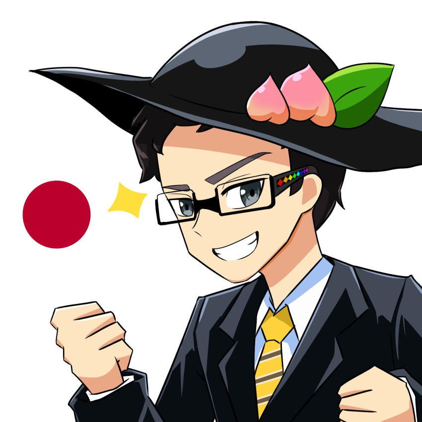 1boy :d black-framed_eyewear black_headwear black_suit clenched_hands clenched_teeth commentary cosplay english_commentary food formal fruit fruit_hat_ornament glasses hands_up highres hinanawi_tenshi hinanawi_tenshi_(cosplay) japanese_flag looking_at_viewer male_focus necktie peach semi-rimless_eyewear smile solo sparkle suit teeth touhou under-rim_eyewear xen0moonz yellow_necktie