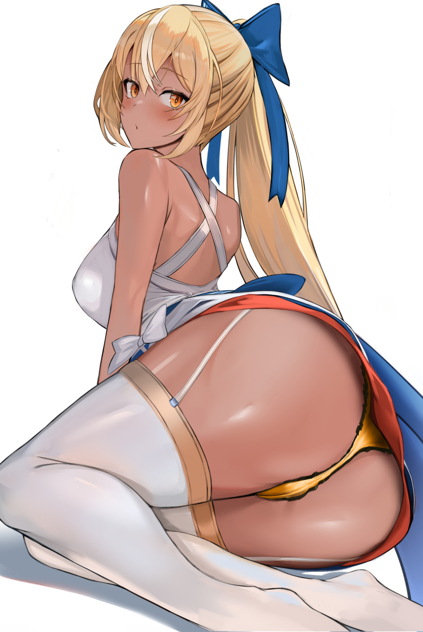 1girl absurdres ass bare_shoulders blonde_hair blush bow breasts dark-skinned_female dark_elf dark_skin dress elf high_ponytail highres hololive hoshara large_breasts long_hair looking_at_viewer multicolored_hair off-shoulder_dress off_shoulder panties pointy_ears ponytail shiranui_flare sidelocks skirt solo streaked_hair thighhighs underwear virtual_youtuber white_background white_hair white_thighhighs yellow_panties