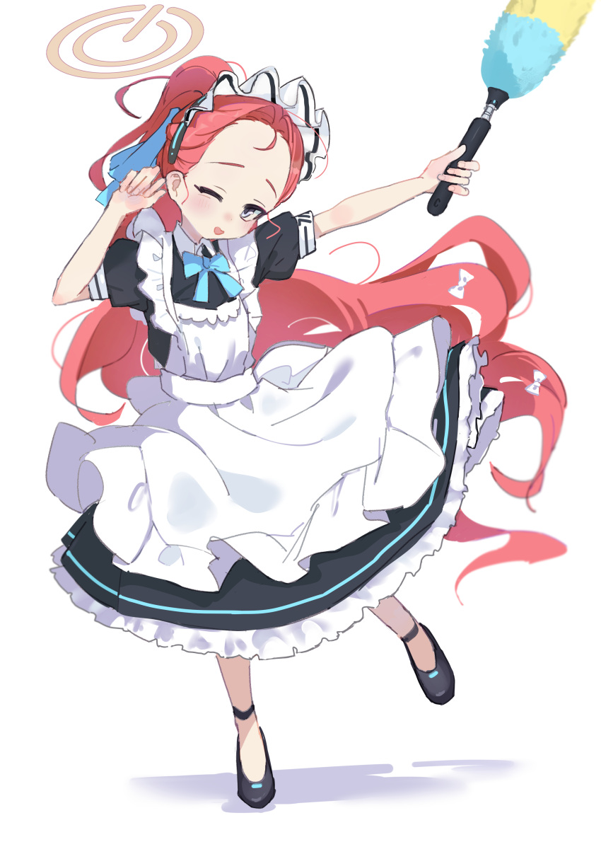 1girl absurdres apron blue_archive bow bowtie duster forehead hair_bow highres kilabo long_hair maid maid_apron maid_headdress official_alternate_hairstyle ponytail red_hair simple_background very_long_hair white_background yuzu_(blue_archive) yuzu_(maid)_(blue_archive)