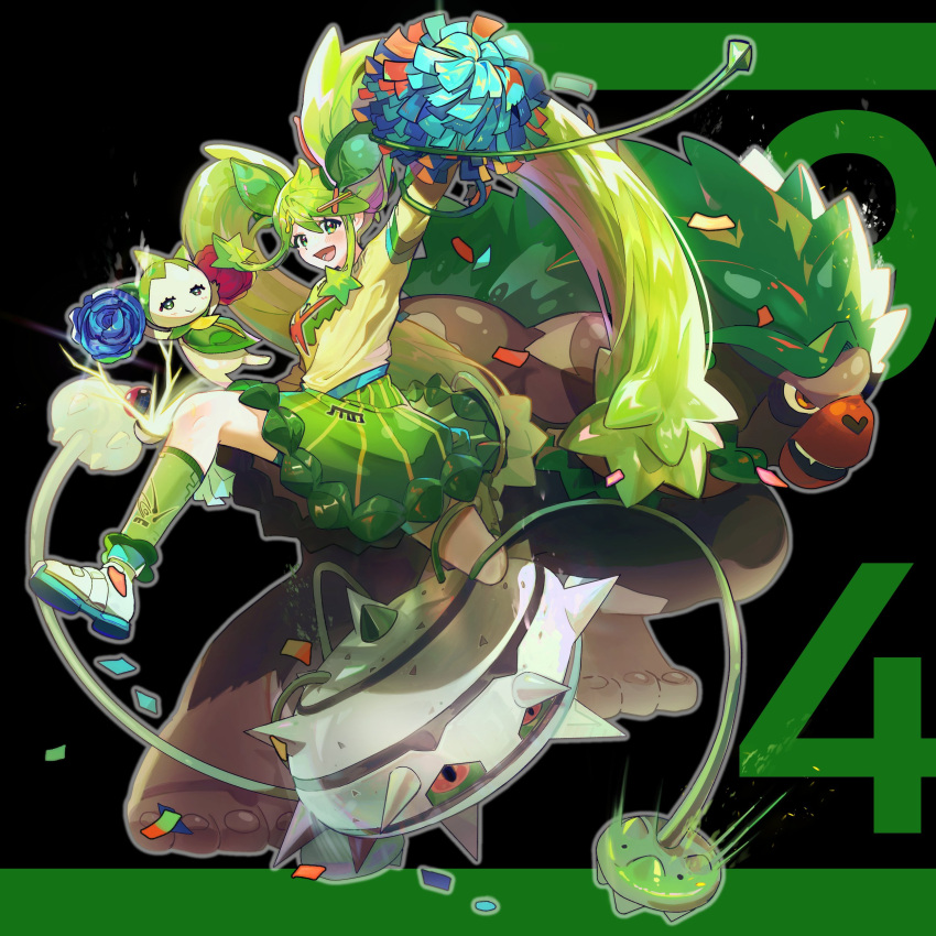 1girl :d absurdres commentary_request confetti ferrothorn grass_miku_(project_voltage) green_hair green_skirt green_socks hair_ornament happy hatsune_miku highres holding holding_pom_poms legs_apart long_hair lower_teeth_only majyo_(witch_poke) open_mouth outstretched_arms pokemon pokemon_(creature) pom_pom_(cheerleading) project_voltage rillaboom shirt shoes sidelocks skirt smile socks teeth tongue twintails vocaloid x_hair_ornament yellow_shirt