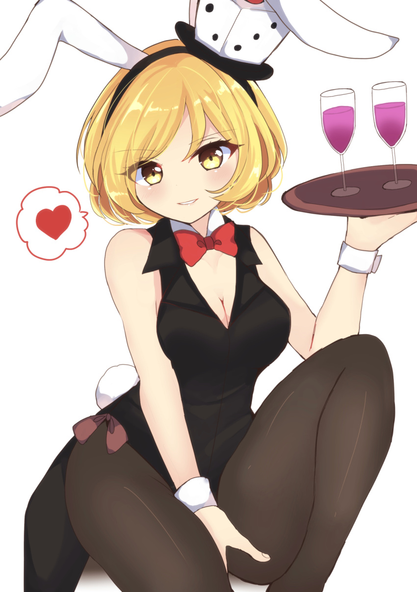 1girl animal_ears black_leotard black_thighhighs blonde_hair bow bowtie breasts champagne_flute cleavage commentary cup detached_collar dice drinking_glass english_commentary fake_animal_ears fake_tail genderswap genderswap_(otf) hand_on_own_thigh heart highres holding holding_tray len'en leotard looking_at_viewer medium_breasts ougi_hina playboy_bunny rabbit_ears rabbit_tail red_bow red_bowtie short_hair simple_background sitting smile solo spoken_heart tail thighhighs tray white_background xeno_a yellow_eyes