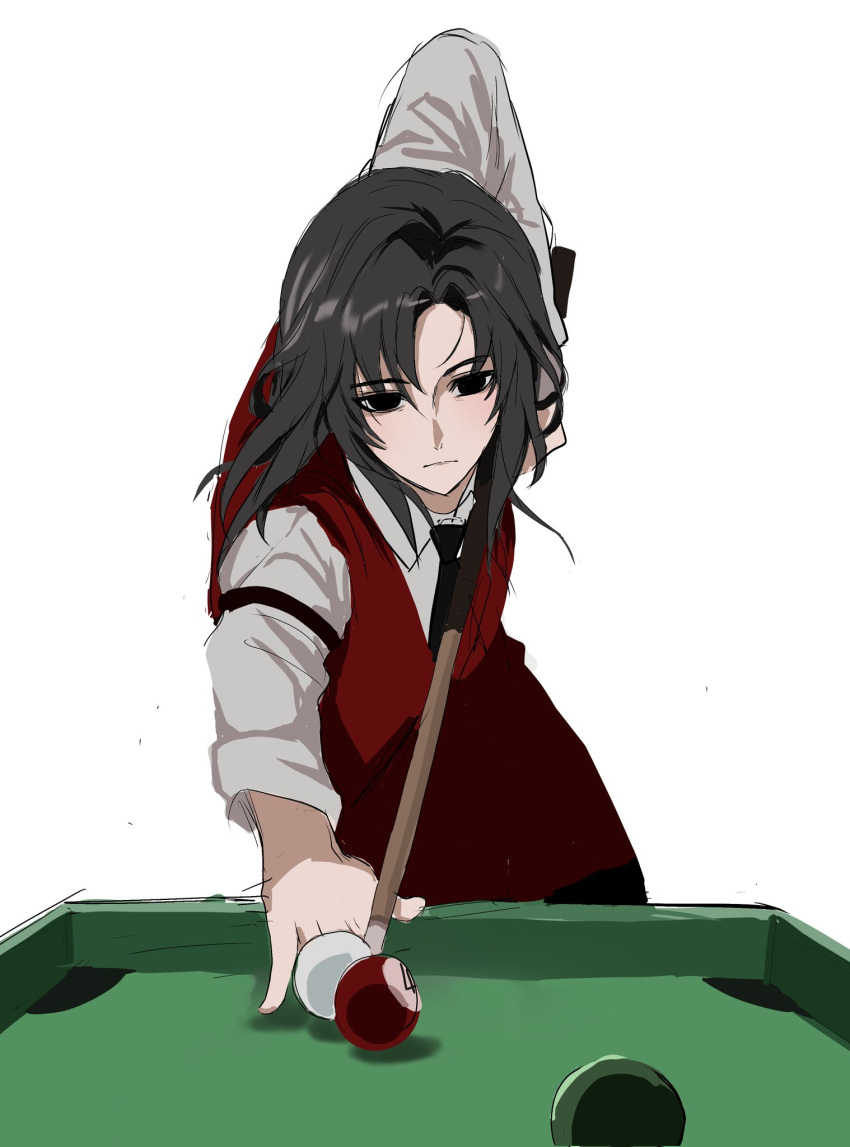 1boy arm_strap ball billiard_ball black_eyes black_hair black_necktie closed_mouth cue_stick expressionless highres jacob_l221 kimi_ga_shine long_hair long_sleeves looking_at_viewer necktie red_vest satou_kai shirt simple_background solo vest white_background white_shirt