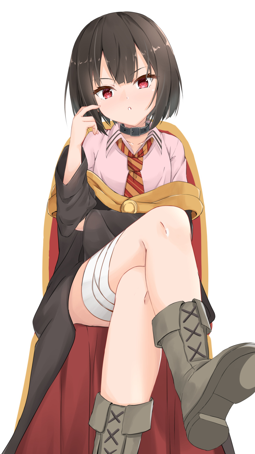 1girl arm_under_breasts bandaged_leg bandages black_choker black_cloak black_hair blunt_bangs boots child_on_child choker cloak collared_shirt commentary_request crossed_legs double-parted_bangs eyelashes feet_out_of_frame flat_chest foreshortening grey_footwear hand_up head_tilt highres kono_subarashii_sekai_ni_bakuen_wo! kono_subarashii_sekai_ni_shukufuku_wo! long_sleeves looking_at_viewer megumin necktie no_headwear parted_lips partial_commentary pink_shirt red_eyes shirt short_hair simple_background sitting solo straight-on striped_necktie tamaguu thighs v-shaped_eyebrows white_background wide_sleeves