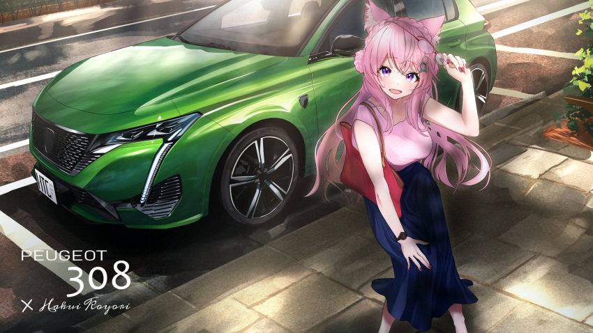 1girl alternate_costume animal_ears bag blue_skirt blush braid breasts car character_name crossed_bangs eyelashes eyewear_on_head fang feet_out_of_frame fox_ears green_car hakui_koyori hand_up hexagon_hair_ornament highres holding holding_eyewear hololive long_hair looking_at_viewer motor_vehicle open_mouth outdoors peugeot peugeot_308 pink_hair pink_nails pink_shirt purple_eyes shirt short_sleeves shoulder_bag sidelocks skirt solo standing virtual_youtuber watch wristwatch you'a