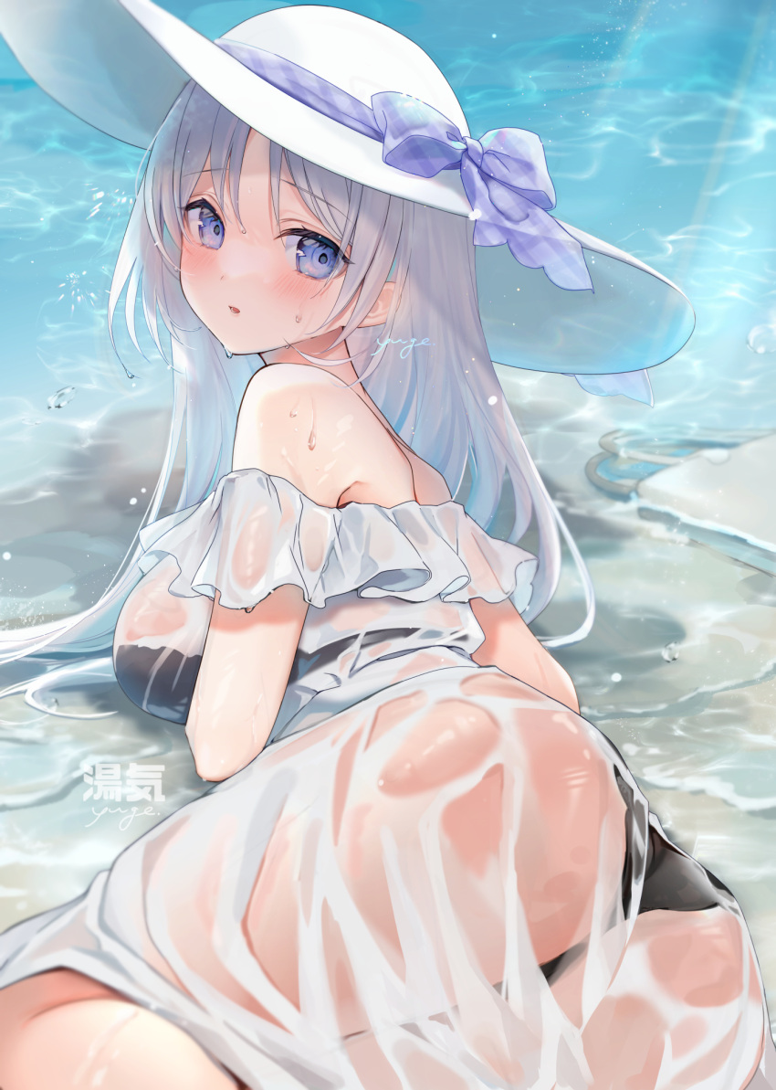 1girl artist_name ass bag bare_shoulders beach black_bra black_panties blue_eyes blush bow bra bra_visible_through_clothes breasts day dress feet_out_of_frame frilled_dress frills from_side handbag hat hat_bow highres large_breasts long_hair looking_at_viewer looking_to_the_side lying off-shoulder_dress off_shoulder on_side original outdoors panties parted_bangs parted_lips plaid plaid_bow purple_bow see-through solo straight_hair sun_hat sundress sunlight swept_bangs underwear water wet wet_clothes wet_dress white_dress white_hair yuge_(mkmk)