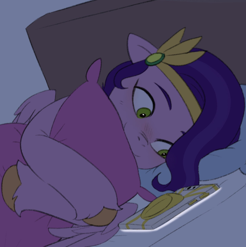 bed bite blush cellphone equid equine fur furniture green_eyes hair hasbro headpiece hi_res hooves horse mammal marenlicious meme mlp_g5 my_little_pony on_bed pegasus phone pillow pillow_bite pink_body pink_fur pipp_petals_(mlp) purple_hair smartphone wings