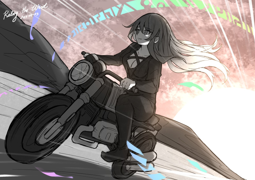 1girl bangs biker_clothes bikesuit bodysuit breasts chiroru_(cheese-roll) cleavage closed_mouth cross-laced_clothes dated english_text gradient_hair highres hijiri_byakuren large_breasts long_hair motor_vehicle motorcycle multicolored_hair official_alternate_costume smile solo sorcerer's_sutra_scroll touhou turbo_byakuren