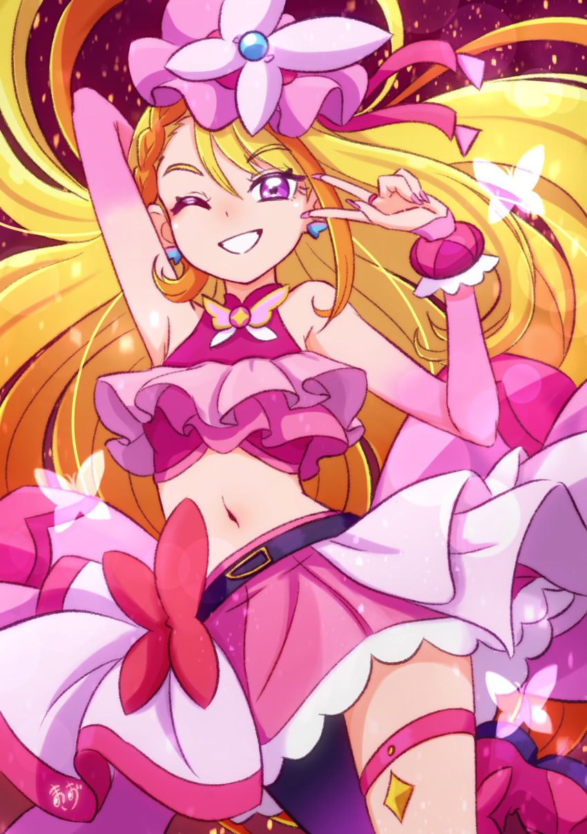 1girl absurdres belt_bow blonde_hair brooch butterfly_brooch butterfly_earrings butterfly_hat cowboy_shot cure_butterfly earrings highres hijiri_ageha jewelry long_hair looking_at_viewer magical_girl midriff navel one_eye_closed pink_headwear pink_skirt precure purple_eyes red_background single_leg_pantyhose skirt smile solo very_long_hair wing_brooch zerolay